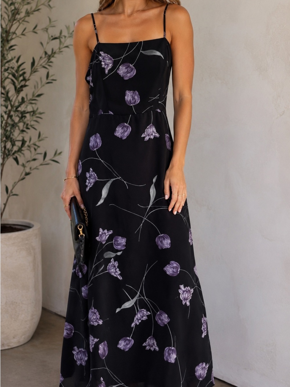 Kimchi Blue by Urban outfitters. Black Maxi Slip Dress with Purple Floral Print